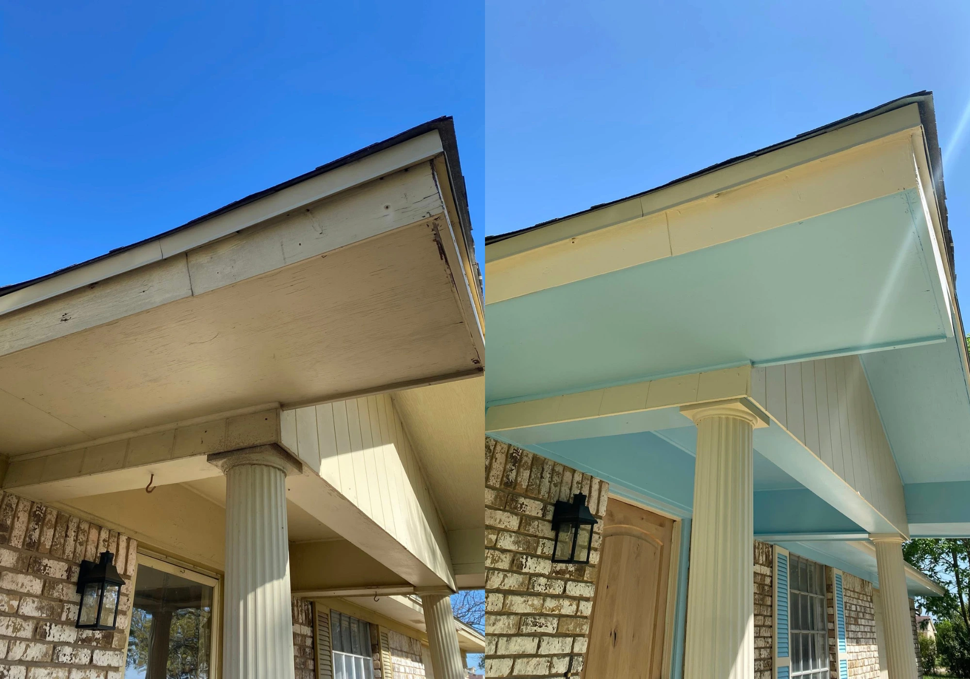 Exterior soffit and eave repaint with sky-blue accent